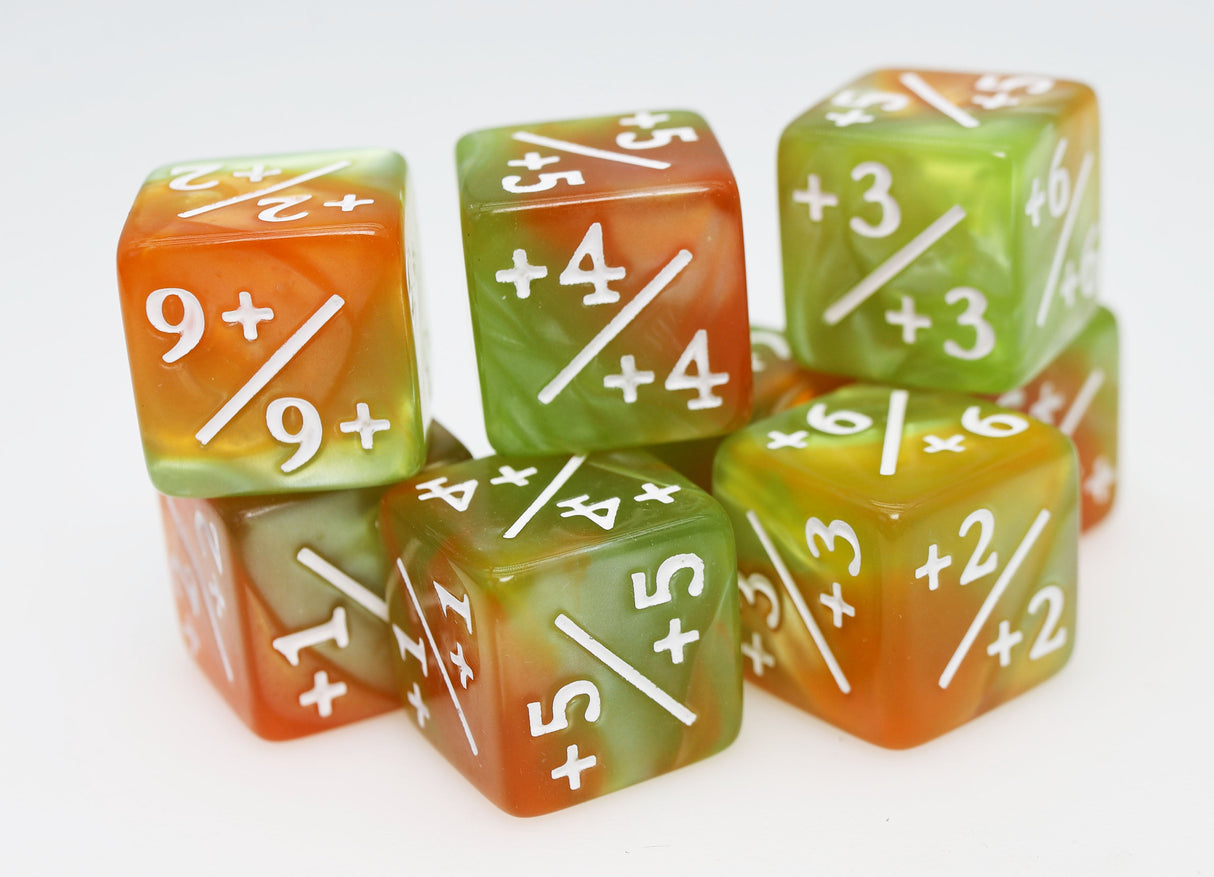 Green & Gold +1/+1 Magic Counters Plastic Dice Foam Brain Games