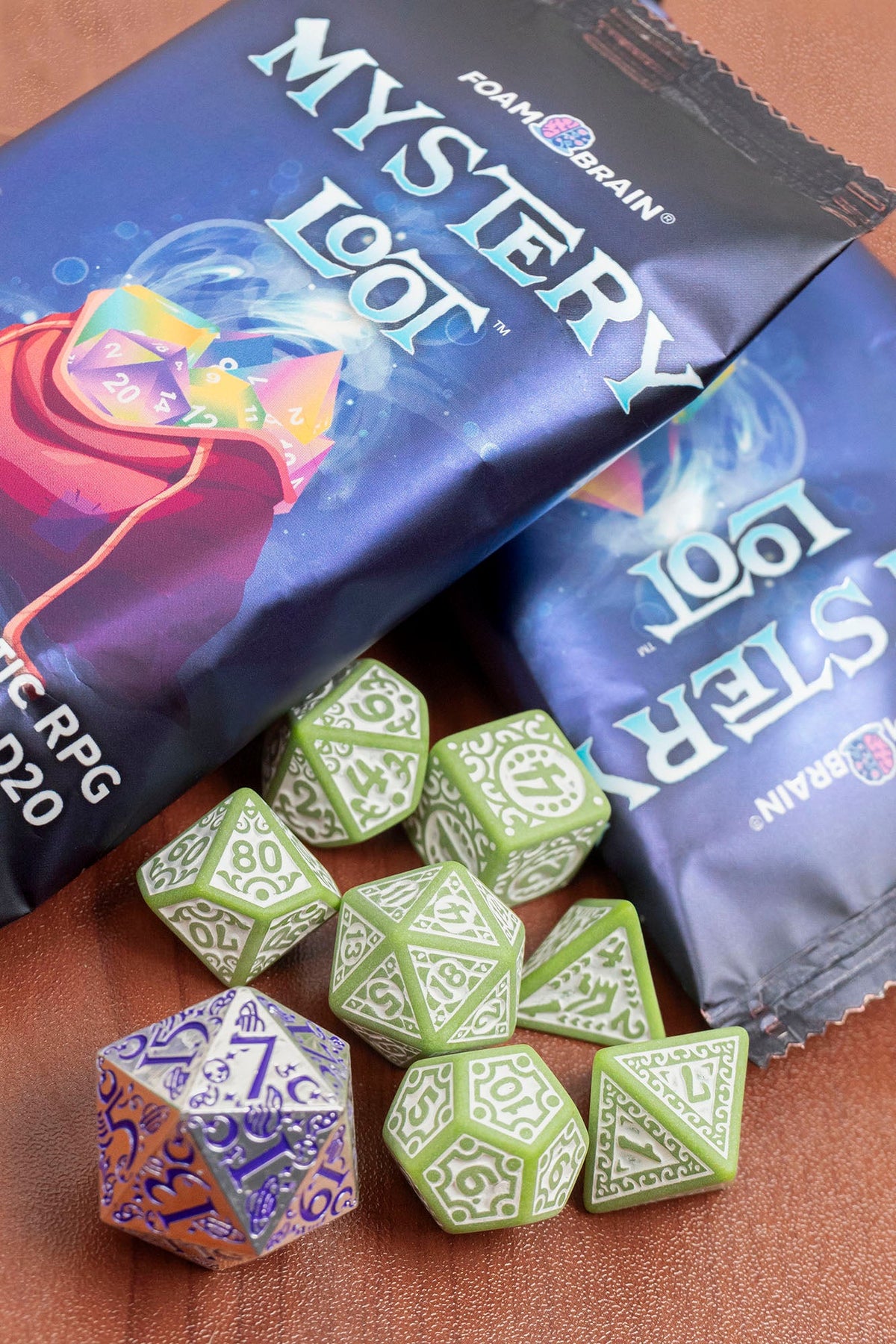 Mystery Loot: Plastic RPG Set and Metal D20 Foam Brain Games
