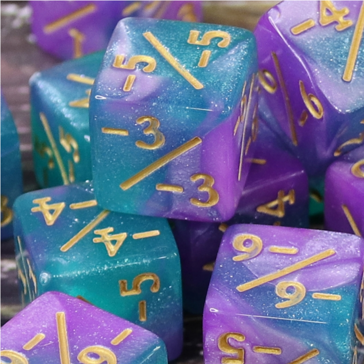 Light Blue & Purple Glitter -1/-1 Magic Counters Plastic Dice Foam Brain Games