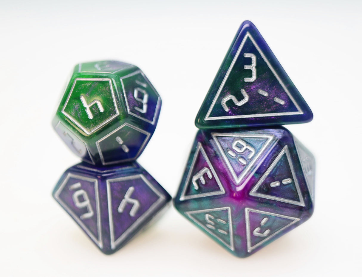 Cybernated Purple & Green RPG Dice Set Plastic Dice Foam Brain Games
