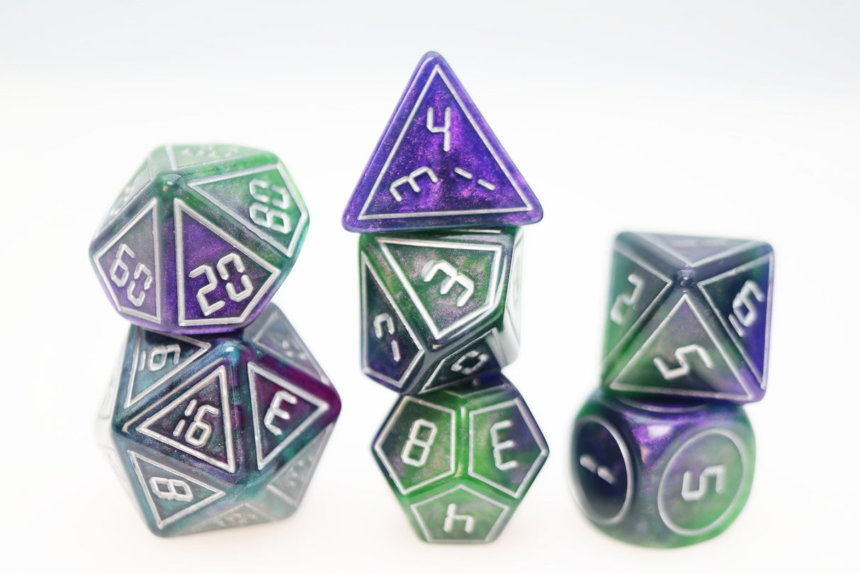 Cybernated Purple & Green RPG Dice Set Plastic Dice Foam Brain Games