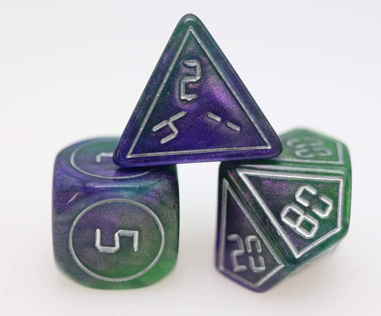Cybernated Purple & Green RPG Dice Set Plastic Dice Foam Brain Games