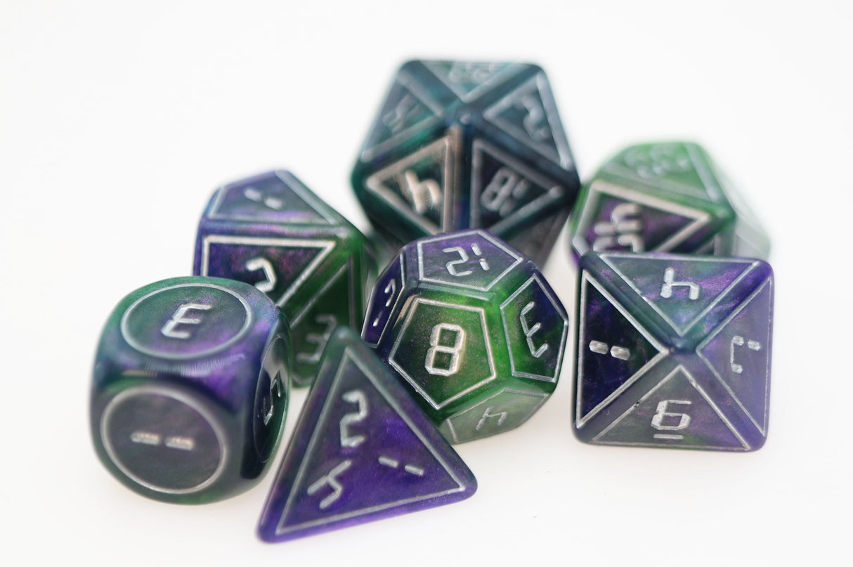 Cybernated Purple & Green RPG Dice Set Plastic Dice Foam Brain Games