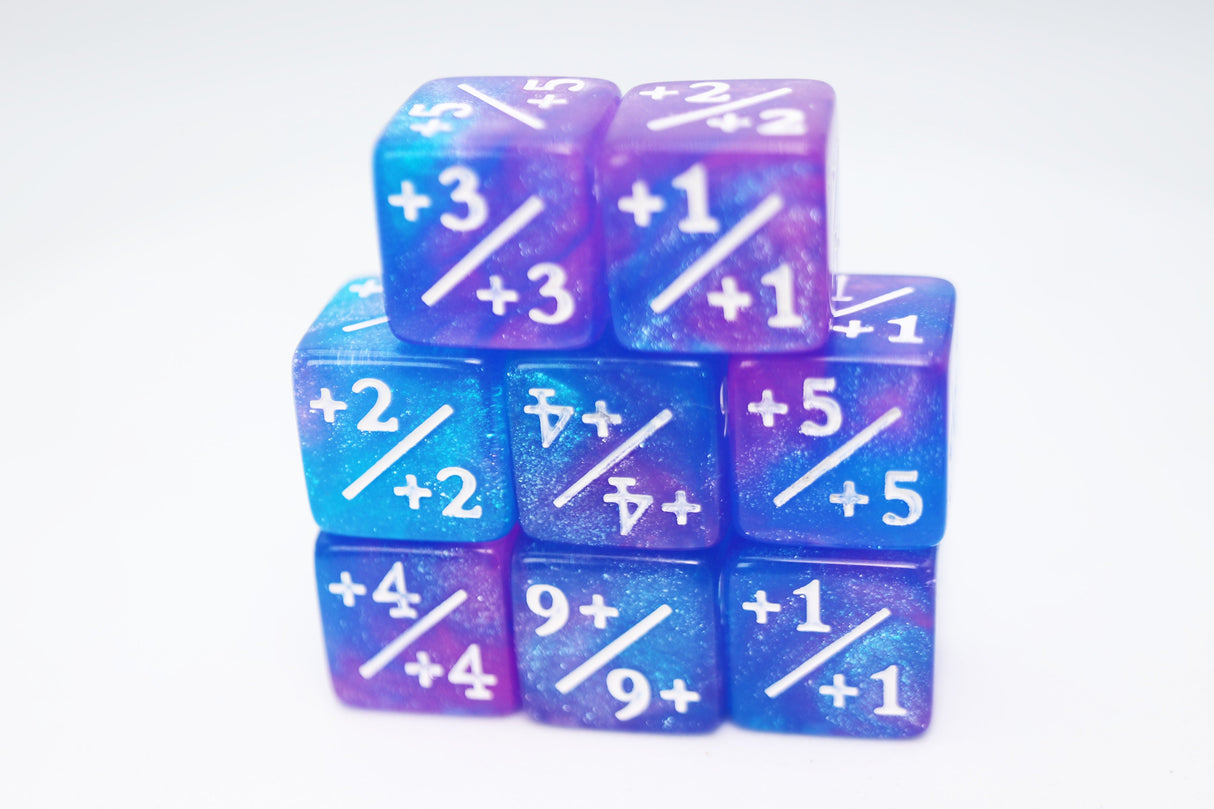 Blue & Purple Glitter +1/+1 Magic Counters Plastic Dice Foam Brain Games