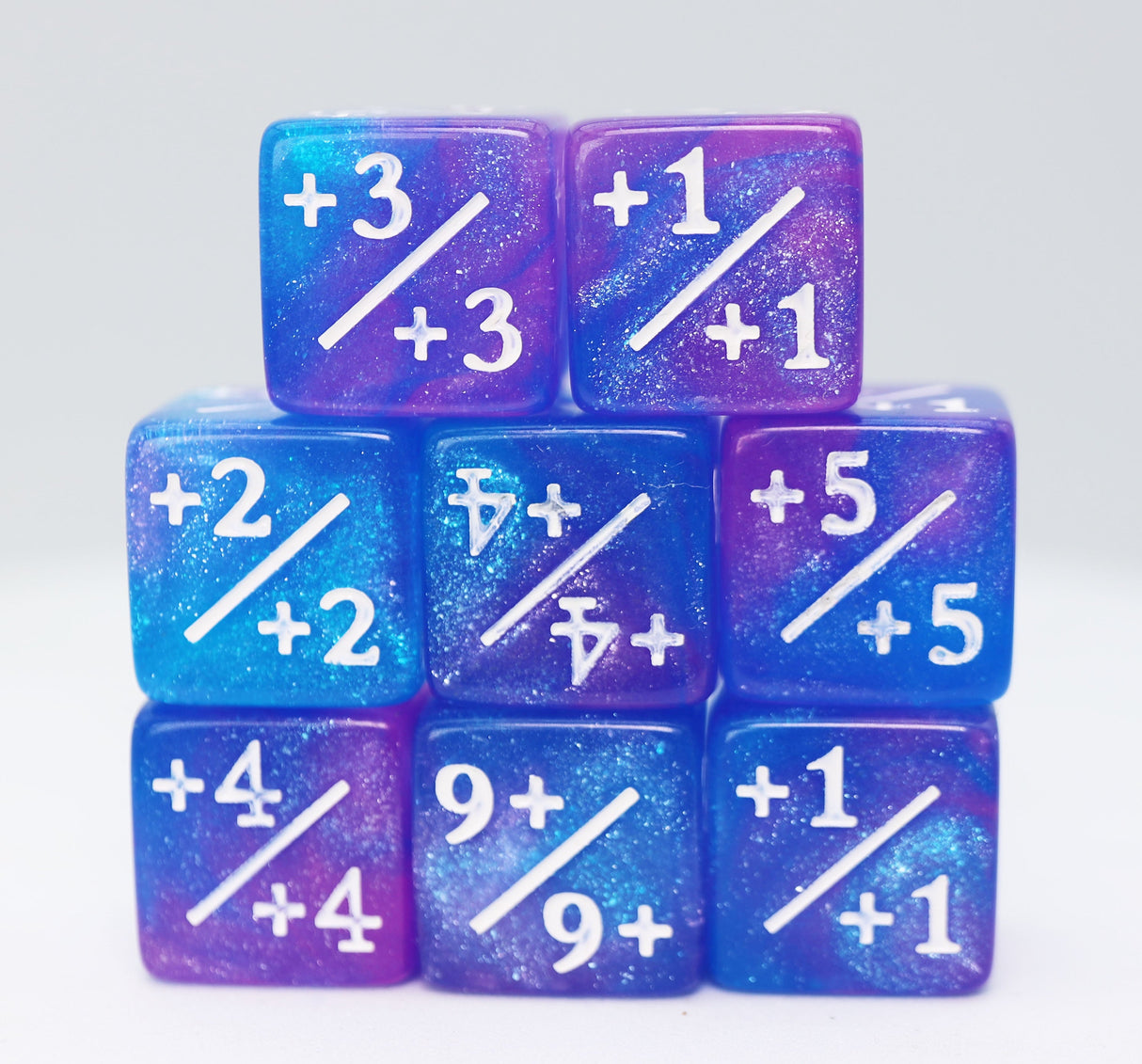 Blue & Purple Glitter +1/+1 Magic Counters Plastic Dice Foam Brain Games