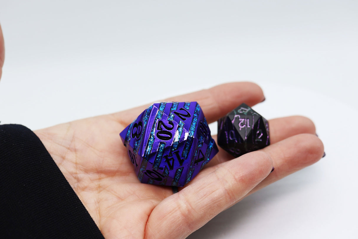35mm Metal D20 - Purple with Blue Mica Metal Dice Foam Brain Games