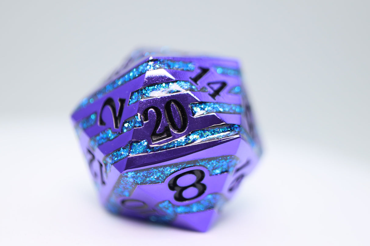 35mm Metal D20 - Purple with Blue Mica Metal Dice Foam Brain Games