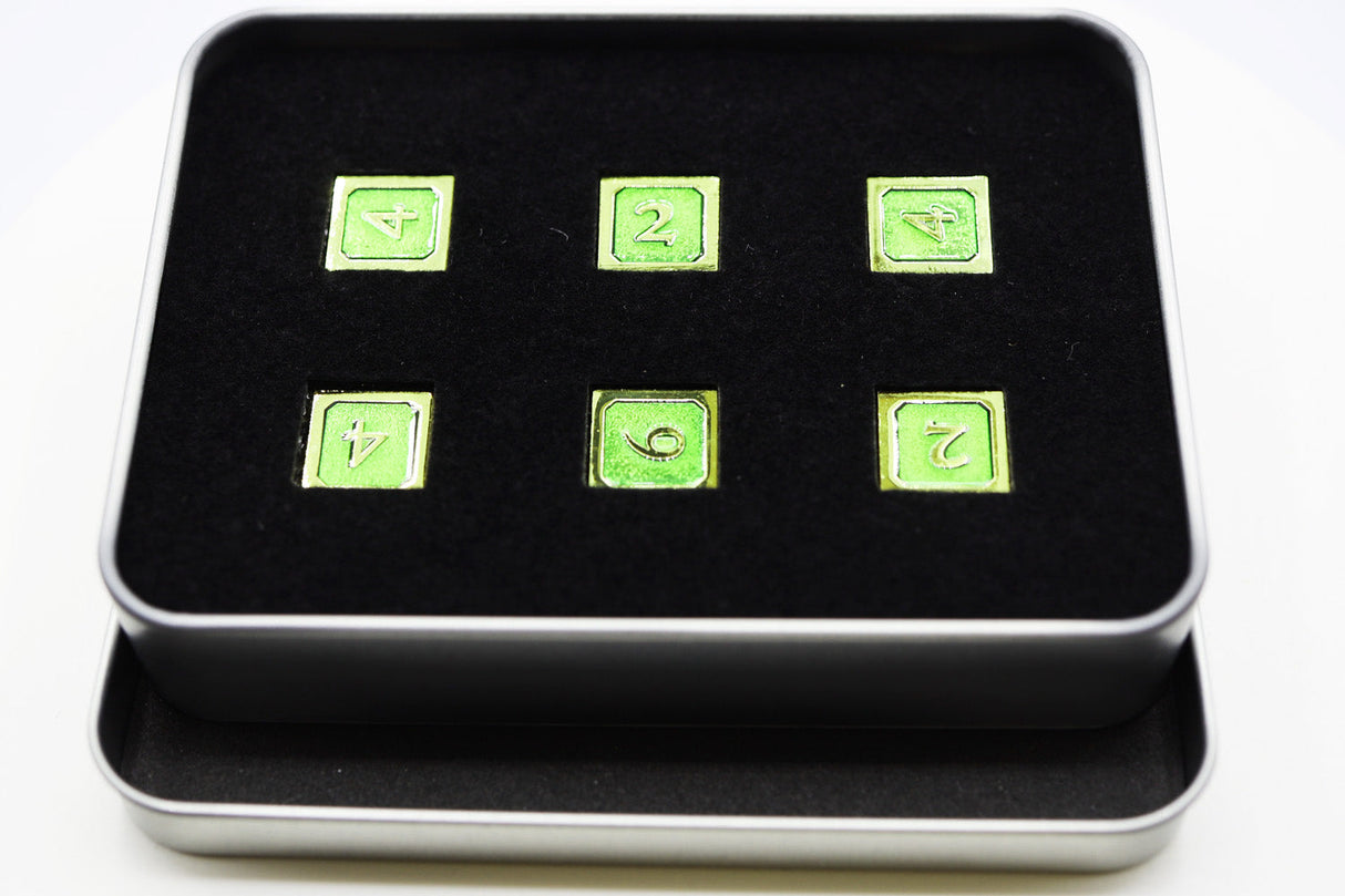 6 piece Metal D6s - Green and Gold Metal Dice Foam Brain Games
