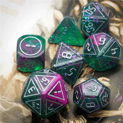 Cybernated Pink & Green RPG Dice Set Plastic Dice Foam Brain Games