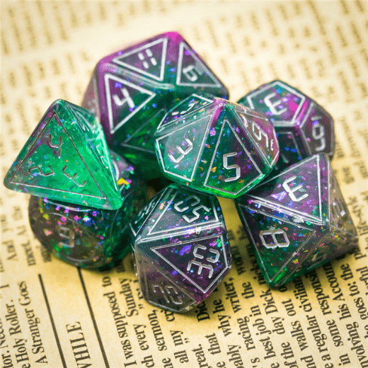 Cybernated Pink & Green RPG Dice Set Plastic Dice Foam Brain Games