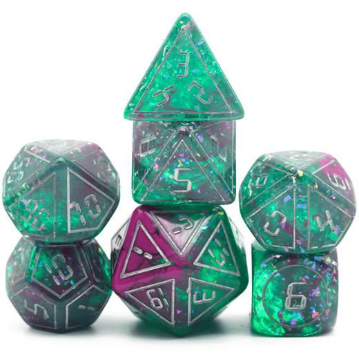 Cybernated Pink & Green RPG Dice Set Plastic Dice Foam Brain Games
