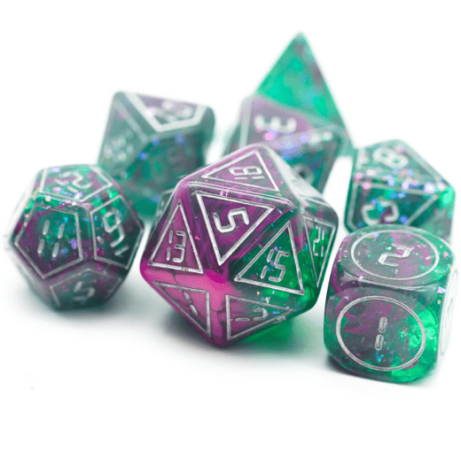 Cybernated Pink & Green RPG Dice Set Plastic Dice Foam Brain Games
