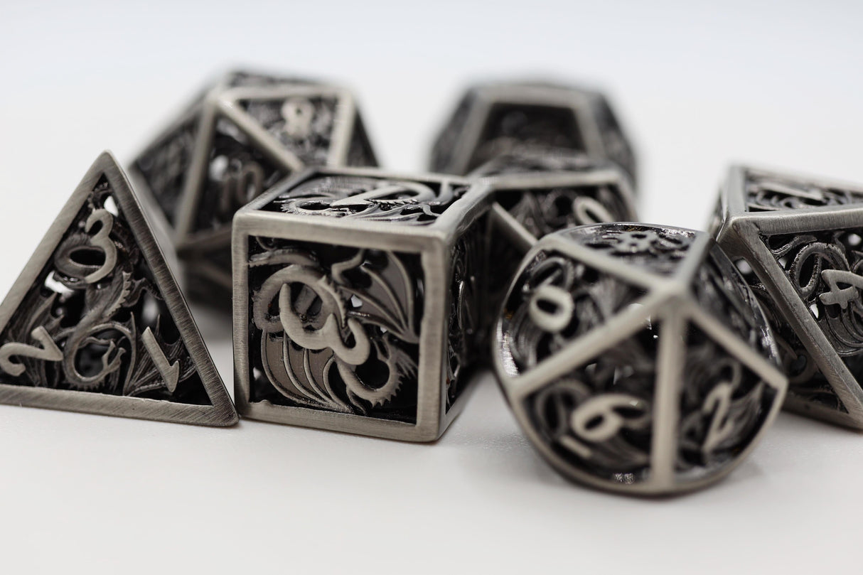 Dragon Essence: Silver - Hollow Metal RPG Dice Set Metal Dice Foam Brain Games