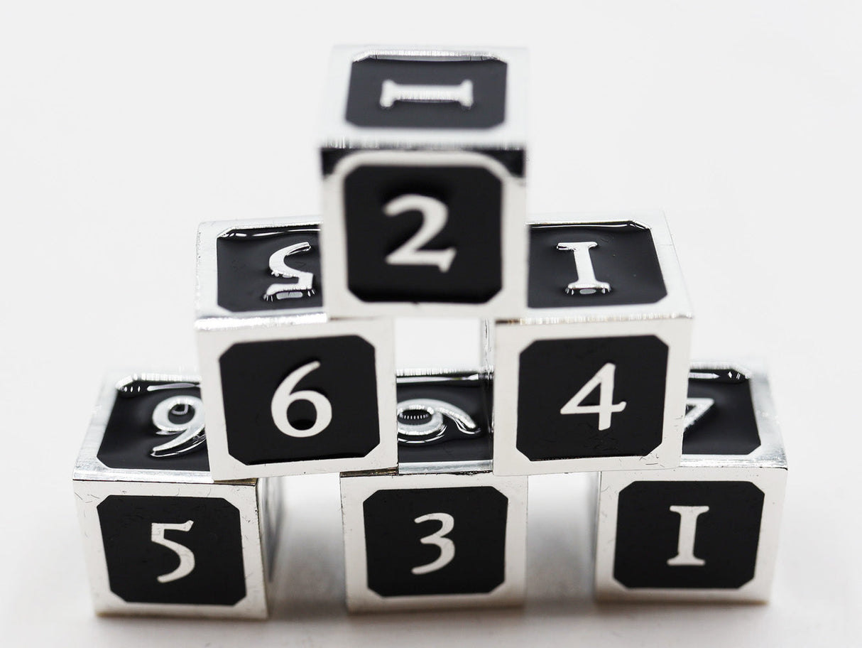 6 piece Metal D6s - Black and Silver Metal Dice Foam Brain Games