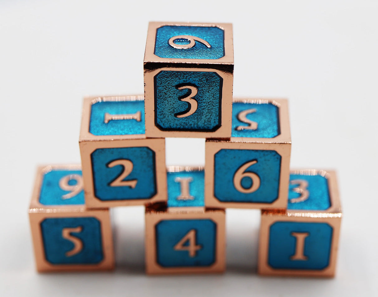 6 piece Metal D6s - Blue and Copper Metal Dice Foam Brain Games