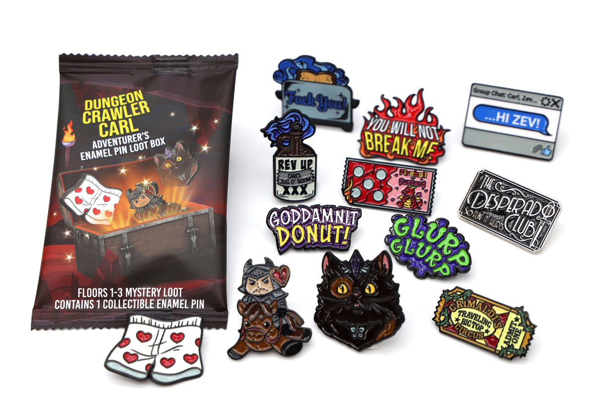Dungeon Crawler Carl Adventurer's Pin Loot Box: Floors 1-3 (Full PDQ - 12 packs, contains 11 commons and 1 rare) - Gen Con Foam Brain Games