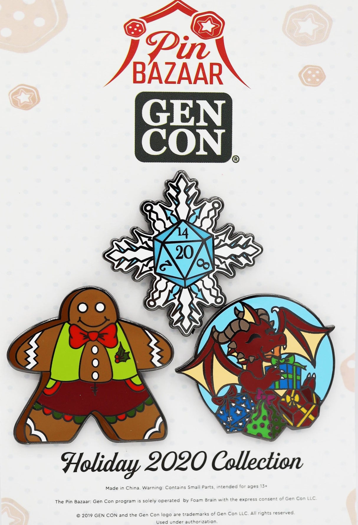 Pin Bazaar: Gen Con 2020 Holiday Pin Set Foam Brain Games