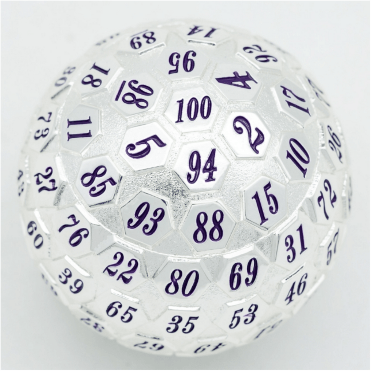 45mm Metal D100 - Platinum with Purple Metal Dice Foam Brain Games
