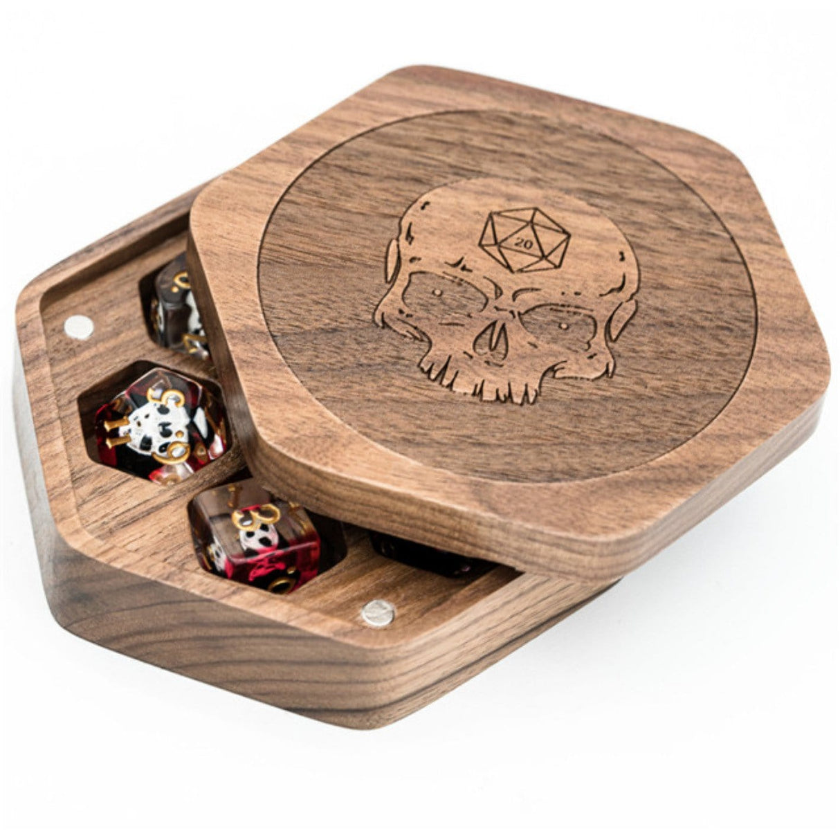 Walnut Hexagon Wooden Dice Box with Skull Dice Box Foam Brain Games