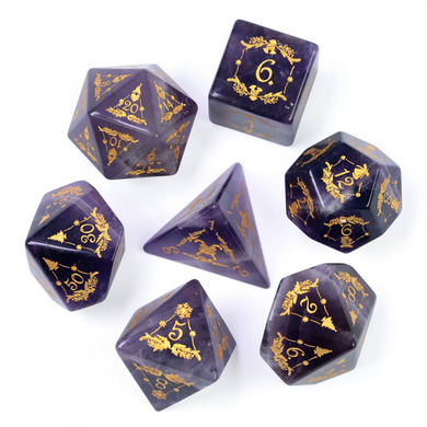 Amethyst with Embellishment - Gemstone Engraved with Gold Stone Dice Foam Brain Games