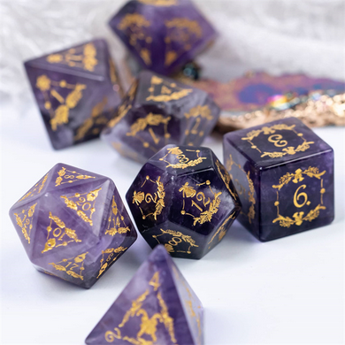 Amethyst with Embellishment - Gemstone Engraved with Gold Stone Dice Foam Brain Games