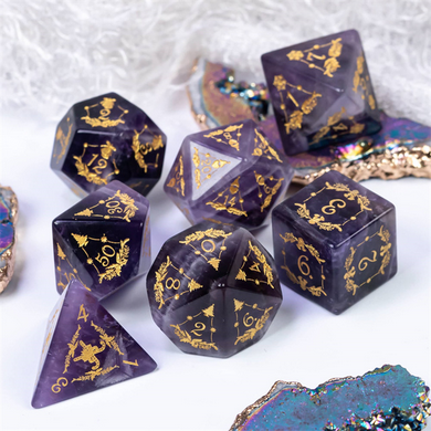 Amethyst with Embellishment - Gemstone Engraved with Gold Stone Dice Foam Brain Games