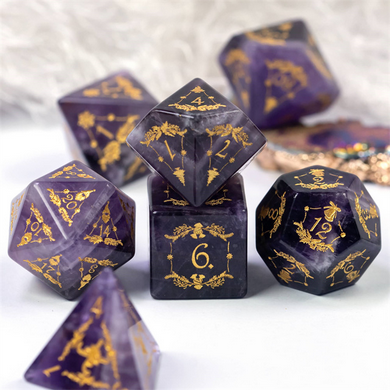 Amethyst with Embellishment - Gemstone Engraved with Gold Stone Dice Foam Brain Games