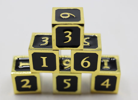 6 piece Metal D6s - Black and Gold Metal Dice Foam Brain Games