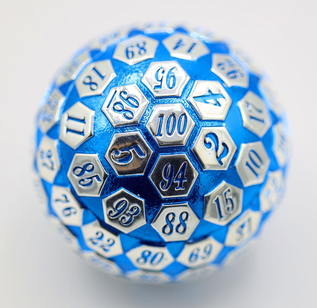 45mm Metal D100 - Blue & Silver Metal Dice Foam Brain Games