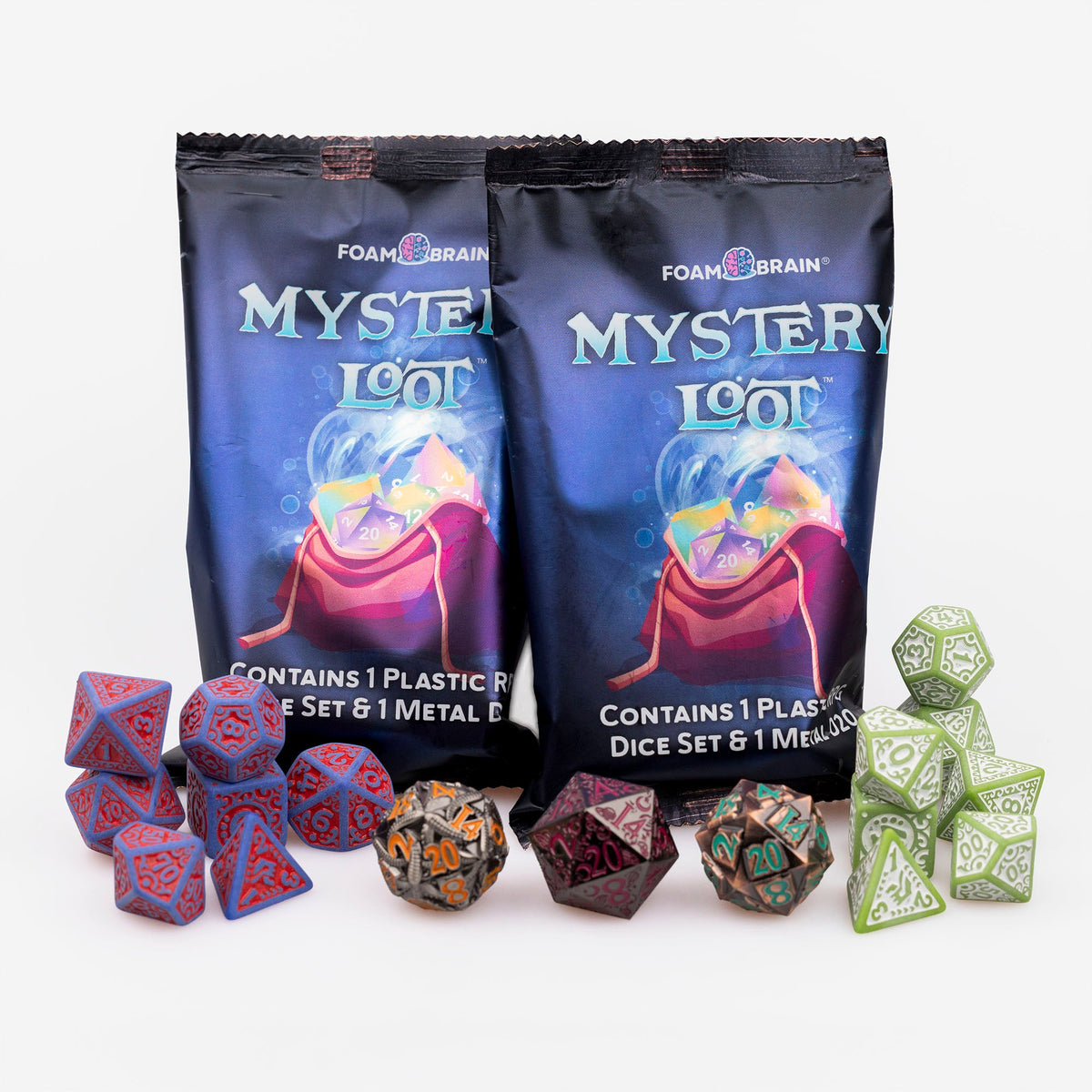 Mystery Loot: Plastic RPG Set and Metal D20 Foam Brain Games