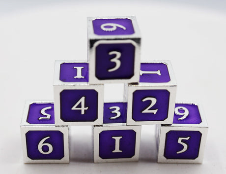 6 piece Metal D6s - Purple and Silver Metal Dice Foam Brain Games