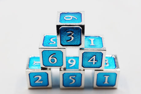 6 piece Metal D6s - Blue and Silver Metal Dice Foam Brain Games