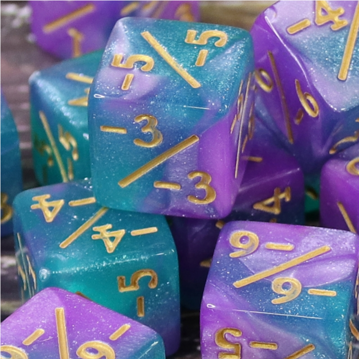 -1/-1 Light Blue & Purple Glitter Counters  for Magic - set of 8 Plastic Dice Foam Brain Games