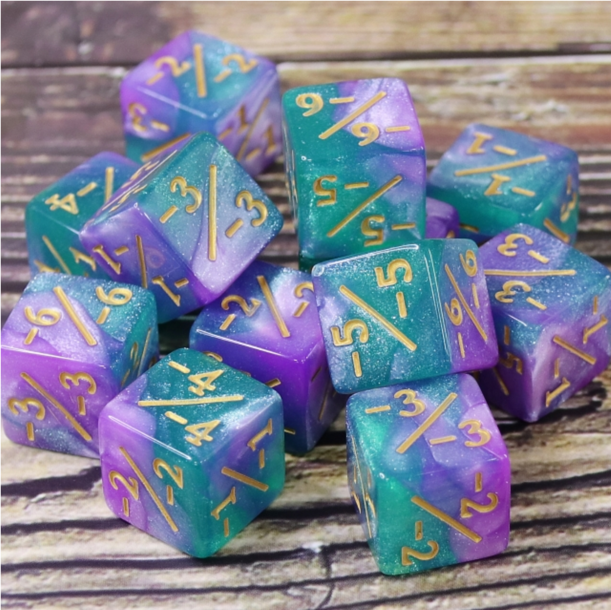 Light Blue & Purple Glitter -1/-1 Magic Counters Plastic Dice Foam Brain Games