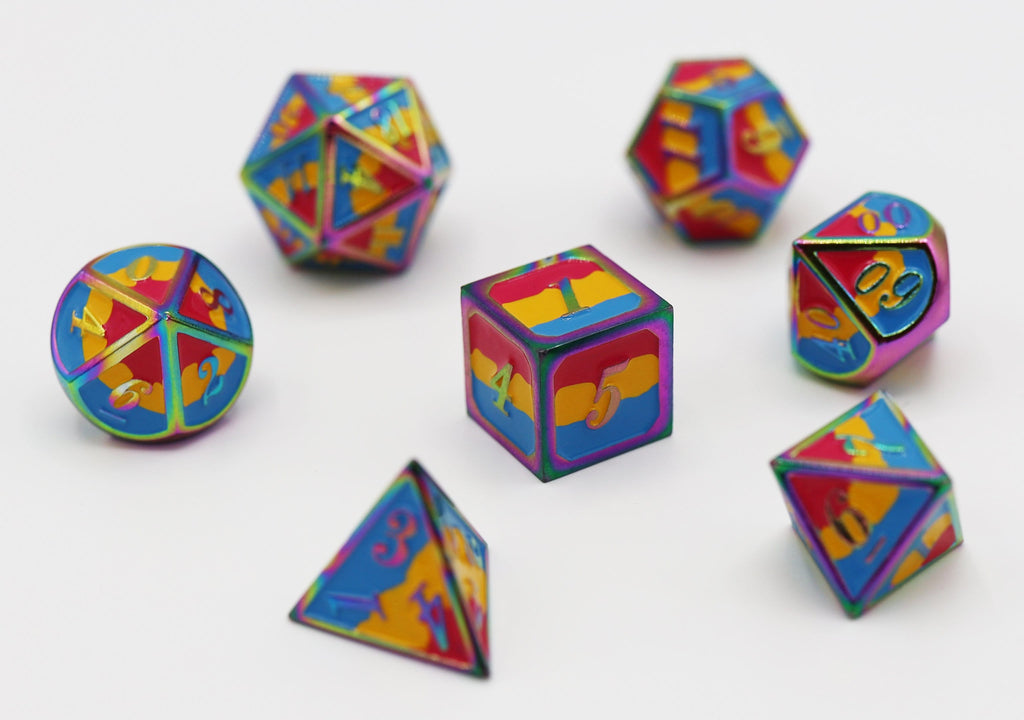 Pansexual Pride Flag - Metal RPG Dice Set Metal Dice Foam Brain Games