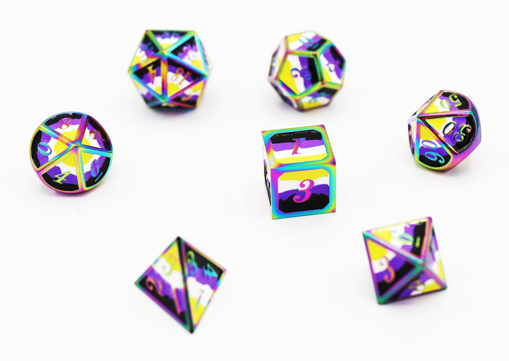 Nonbinary Pride Flag - Metal RPG Dice Set Metal Dice Foam Brain Games