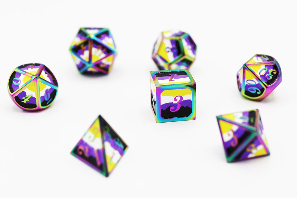 Nonbinary Pride Flag - Metal RPG Dice Set Metal Dice Foam Brain Games