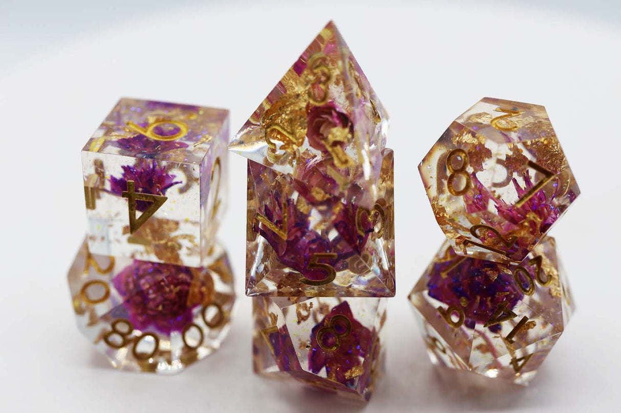 Sharp Edge Resin RPG Dice Set - Purple Lotus Plastic Dice Foam Brain Games