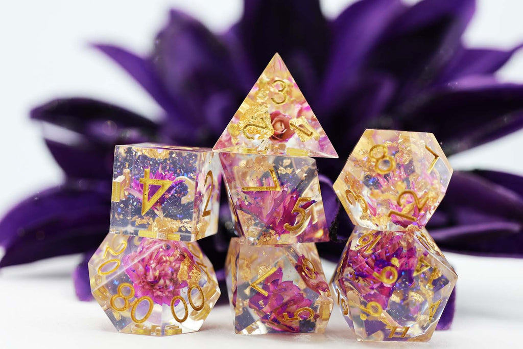 Sharp Edge Resin RPG Dice Set - Purple Lotus Plastic Dice Foam Brain Games