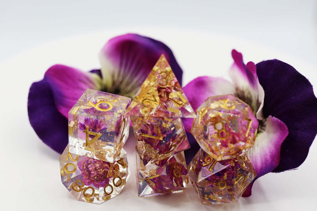 Sharp Edge Resin RPG Dice Set - Purple Lotus Plastic Dice Foam Brain Games