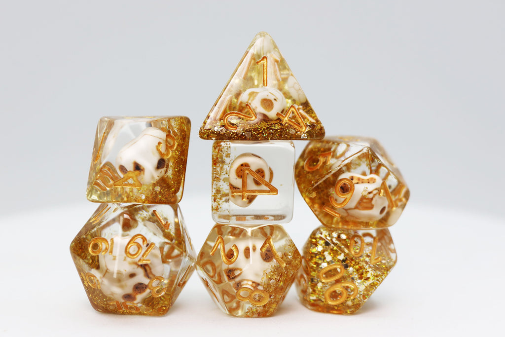 Skull and Gold Glitter RPG Dice Set Plastic Dice Foam Brain Games