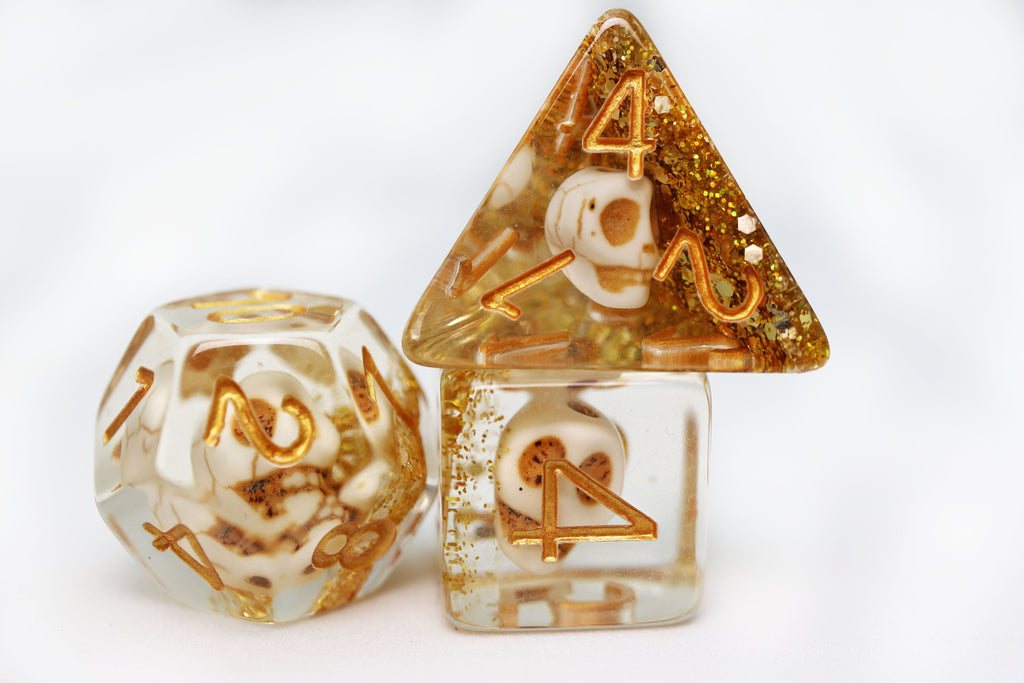 Skull and Gold Glitter RPG Dice Set Plastic Dice Foam Brain Games