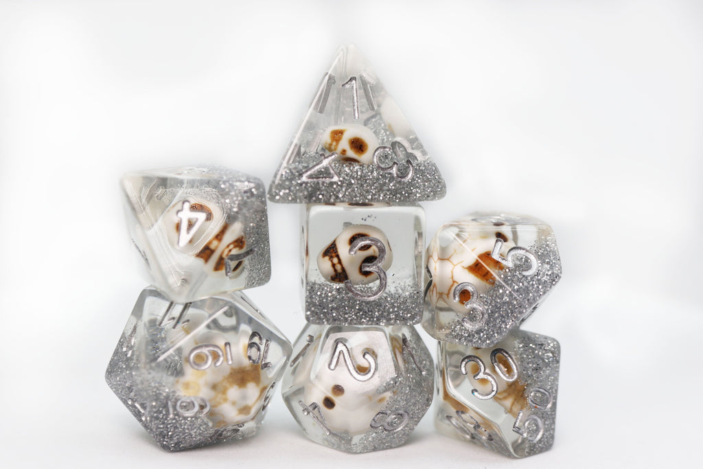 Skull and Silver Glitter RPG Dice Set Plastic Dice Foam Brain Games