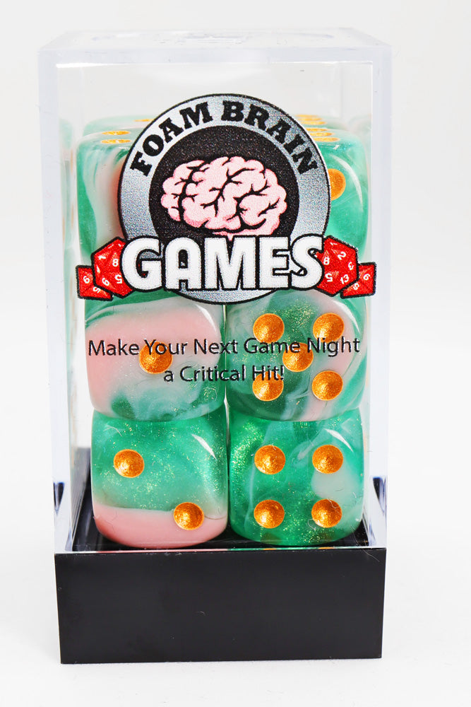 12 piece Pip D6s - Glow Wyrm Glitter Plastic Dice Foam Brain Games