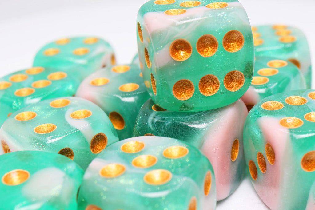 12 piece Pip D6s - Glow Wyrm Glitter Plastic Dice Foam Brain Games