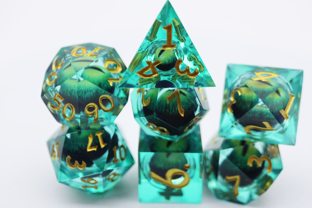 Sharp Edge Moving Eye RPG Dice Set - Green Cyclops Plastic Dice Foam Brain Games