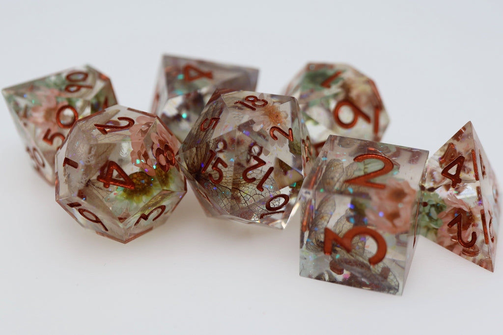 Sharp Edge Resin RPG Dice Set - Beautiful Blossom Plastic Dice Foam Brain Games