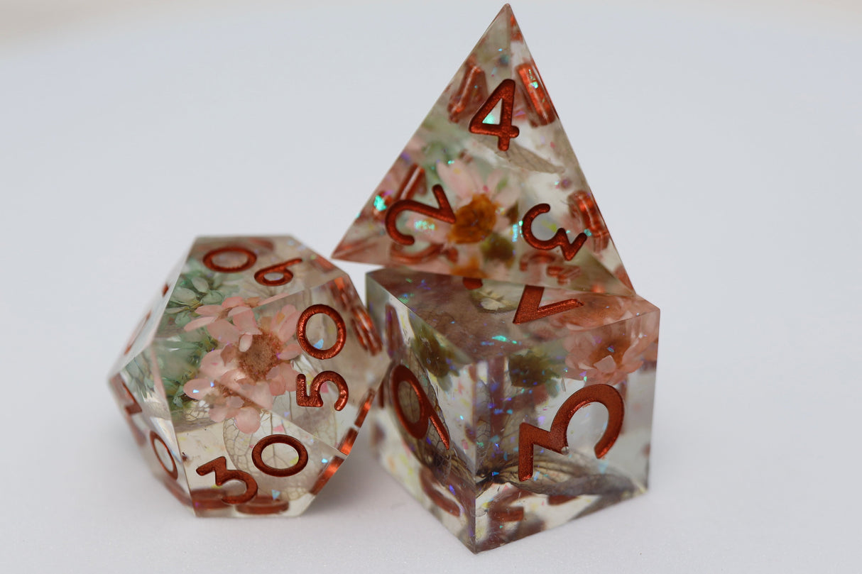 Sharp Edge Resin RPG Dice Set - Beautiful Blossom Plastic Dice Foam Brain Games