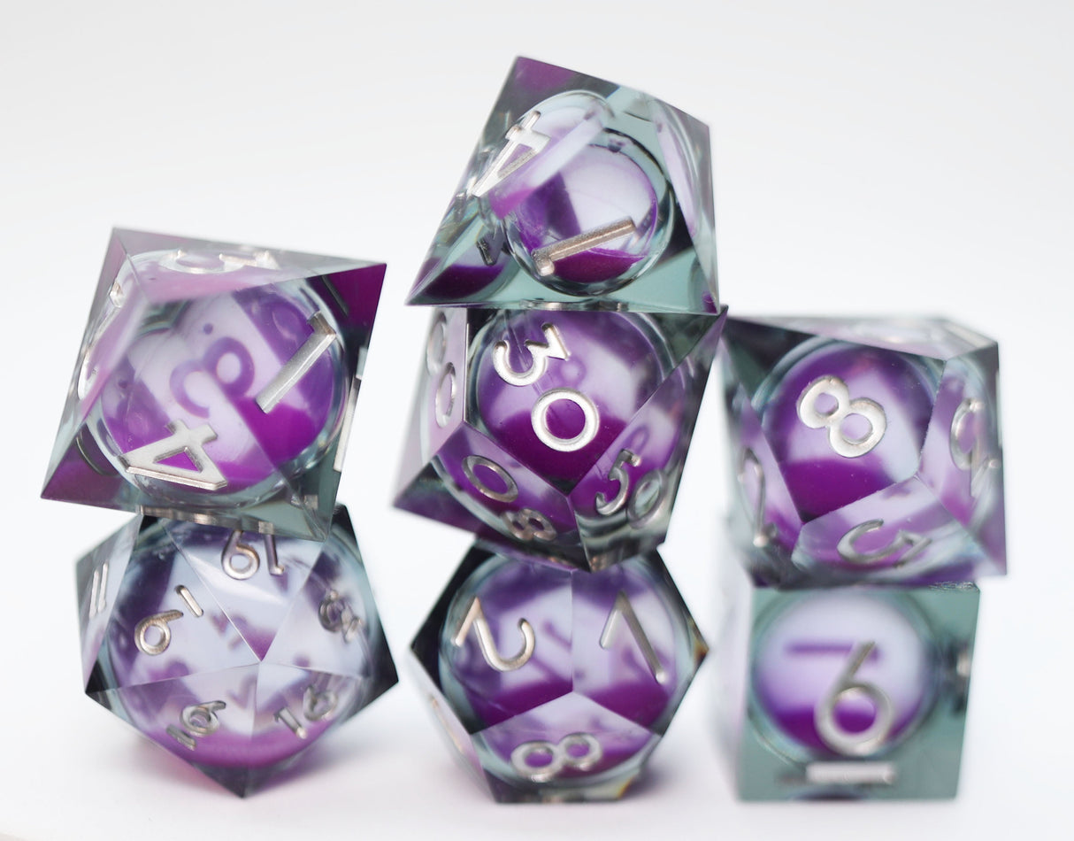 Sharp Edge Glow in the Dark Liquid Core RPG Dice Set - Violet Glimmer