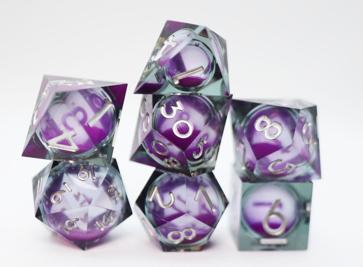 Sharp Edge Glow in the Dark Liquid Core RPG Dice Set - Violet Glimmer